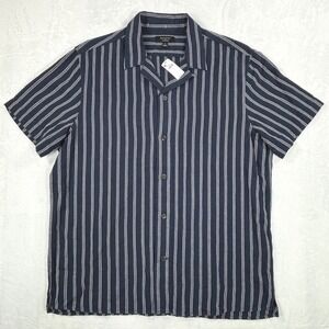 Banana Republic Mens Navy Blue White Striped Linen Blend Camp Shirt Large NWT